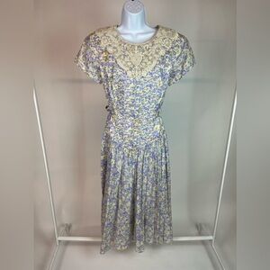 Vintage 80s Cottagecore Bib Dress Donna Morgan Cotton Floral Lace size 7/8 M